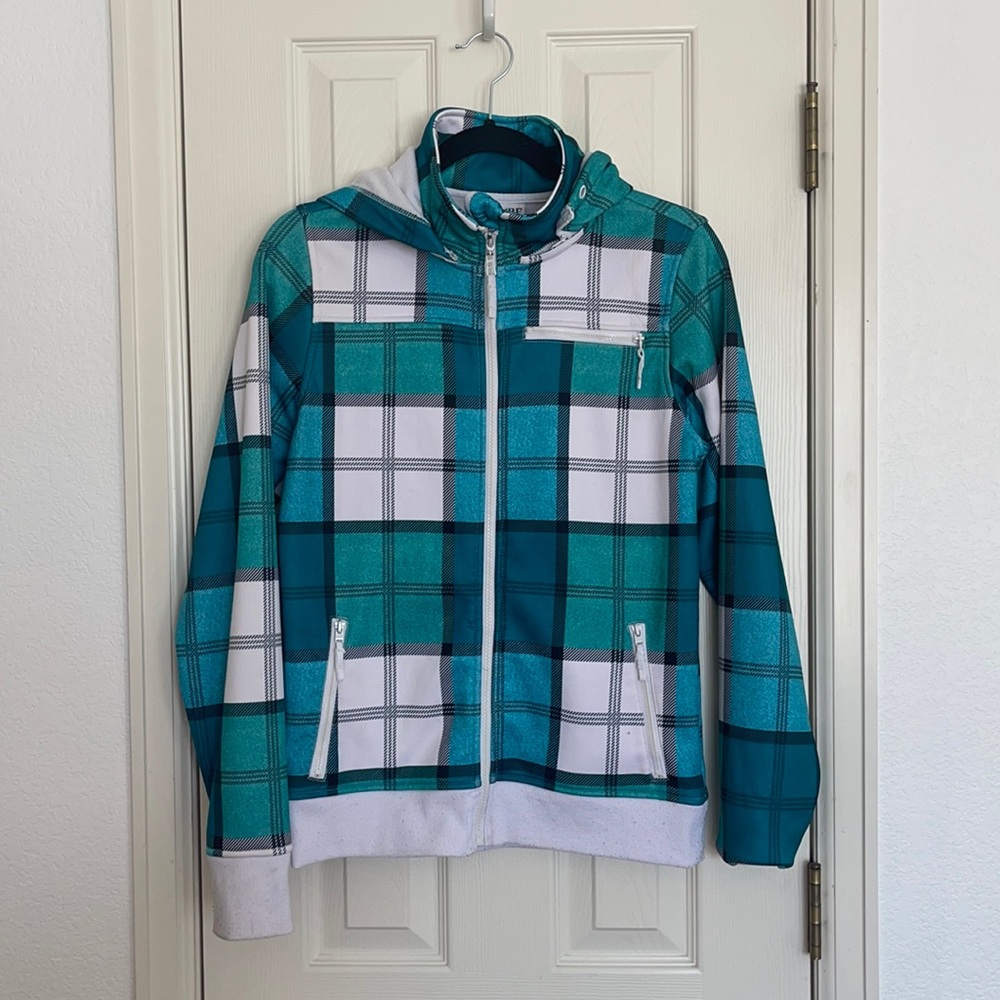 Empire blue, green and white plaid zip up jacket